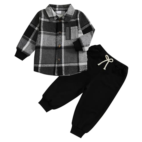 BeliBacca Toddler Boy Fall Winter Outfits Long Sleeve Button Down Plaid Flannel Shirt Solid Color Jogger Pants Set 2pcs Baby Boy Tracksuits Set (Black, 18-24 Months)