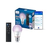 Philips Smart Lighting, Smart LED RGB A60 Lampe mit Fernbedienung, E27-Sockel, 806 lm, farbiges und weißes Licht (2200–6500 K), niedrig dimmbar, kompatibel mit WiZ, Alexa, Google Home, Apple Home
