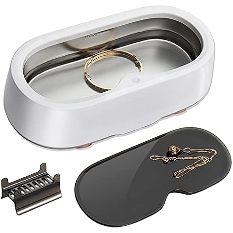 Ultrasonic Cleaner Jewellery Cleaner Machine Ultra Sonic 350ML 47kHz Ultrasonic Bath Cleaner Smart Timing with Cleaning Rack for Silver Jewelry Ring Glasses Denture Razors Small Metal Parts(White) Cover