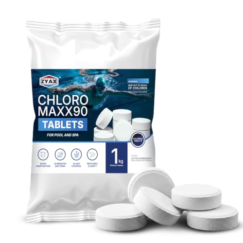Image of Chloro Maxx TCCA 90 Chlorine Tablets 1KG (5 Tablets), Stabilized Pool Chlorine Tablets, 90% Available Chlorine, Swimming Pool Water Sanitizer, Algae Control & Water Treatment