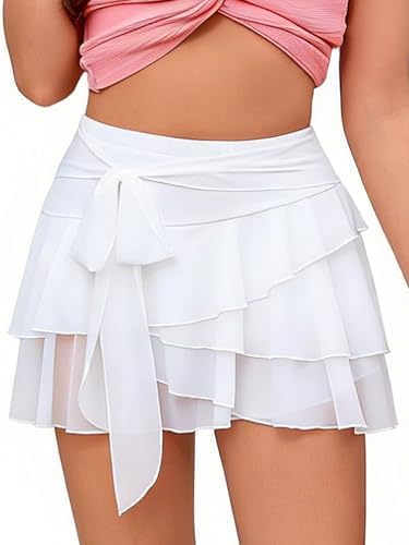 Women's Mini Ruffle Skirt Y2K Cute Mesh Flowy Pleated Layered Sko...