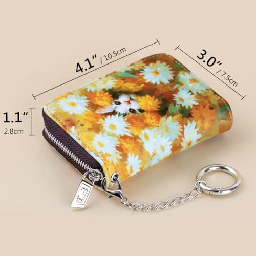 Image of FurArt Zipper Wallet Women, RFID Blocking Credit Card Wallet, Business Card Holder, Compact Size KeyChain Wallet, Daisies and Cat, small