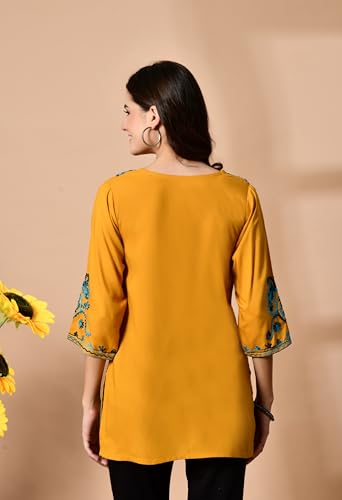Image of LIBOZA Embroidered Kashmiri Tunic Top, Short Kurti for Women on Jeans, V-Neck, 3 /4 Sleeve, Floral Design,