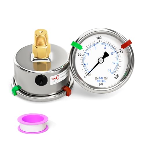 Image of 0-200Psi Stainless Steel Dry Low Pressure Gauge 1 /4 inch NPT 2 inch Dual Scale Dial, Back Mount, Waterproof for Water Oil Air Well pump, compressors, Tire Gas Pressure Test (with Range Mark Pointer)