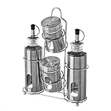 Juego de aceitera, vinagrera, salero y pimentero de cristalcon soporte de acero...