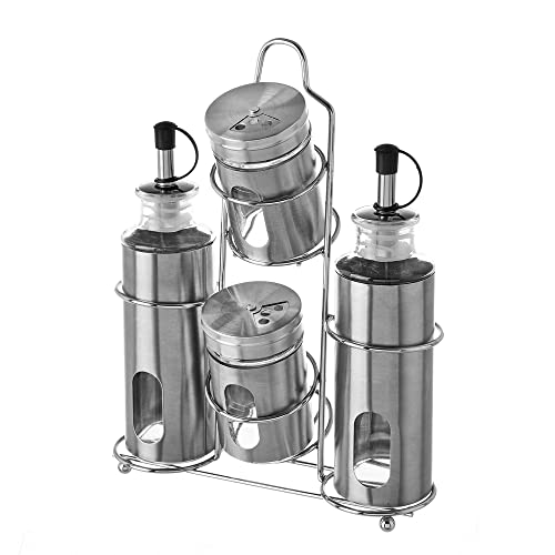 Juego de aceitera, vinagrera, salero y pimentero de cristalcon soporte de acero inoxidable gris de 17x7x24 cm - LOLAhome