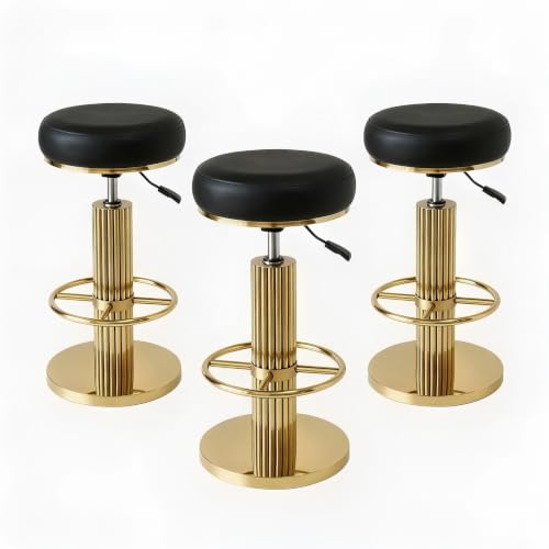 Image of Gold Bar Stools Set of 3 Adjustable Swivel Backless Counter Stool | 360 Swivel, 25.6 inch-29.5 inch Adjustable, Leather Thick Cushion, Stainless Steel Frame, 350 lbs Capacity, Gold