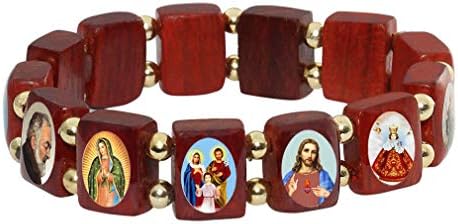 Catholica Shop I Catholic Religious Bracelets with Assorted Color Images of Saints, Jesus and Mary I Wooden Stretchable Bracelet I Catholic Gifts Bracelets I Religious Bracelet