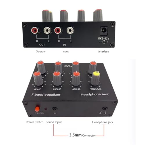Ecualizador de sonido de 7 bandas con amplificador para auriculares NE5532, amplificación con amplificador operacional 4580 para gamers, con conectores de 3.5mm y alimentación DC 5-12V miniatura 3