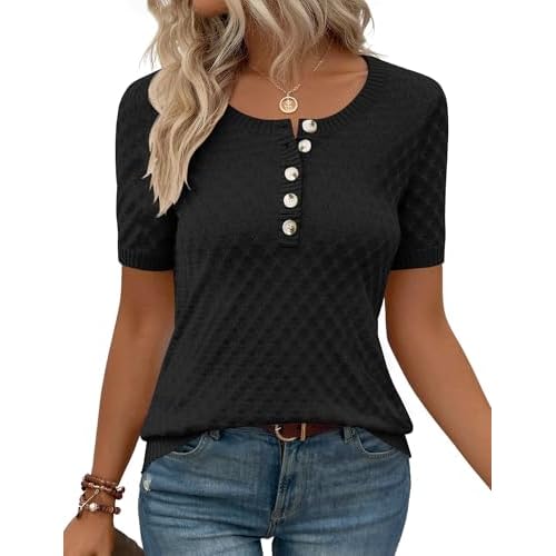 Kistore Womens Short Sleeve Sweater Spring Summer Tops Dressy Casual Lightweight Crewneck Pullover Henley Blouses Black Large