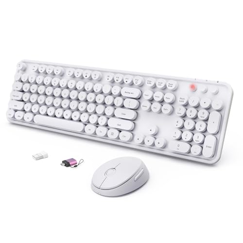 Ensemble clavier et souris sans fil blanc rétro avec touches rondes pour PC Windows