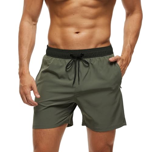 Monstoyo Shorts de Bain Homme Maillot de Bain avec Poches Zippées, Séchage Rapide Short de Plage Piscine Homme Doublure Filet et Cordon Réglable M Épissure Vert...