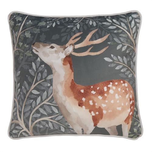Dreams & Drapes Woodland Deer Velvet Cushion (43 x 43cm) - Grey Flannelette With Filling - Piped Edge - Reversible Design - Forest Animal Cover Included