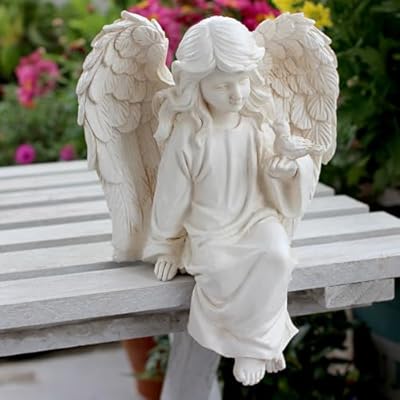 JARPSIRY Angel Garden Statue, Sitting Angel Sculpture, Resin Angel with Bird Figurine for Patio Yard Porch Lawn Outdoor Decor Home Shelf Sitter Memorial Spiritual Gifts