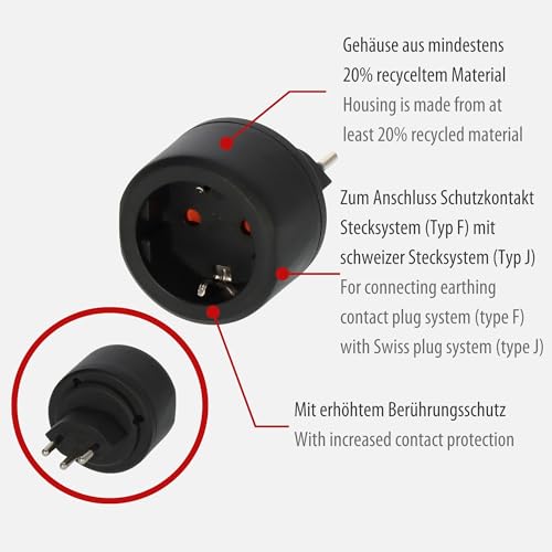 Brennenstuhl Reisestecker/Reiseadapter (Reise-Steckdosenadapter zum Anschluss elektrischer Geräte mit Schutzkontakt Stecksystem in Ländern mit Schweizer Stecksystem) schwarz