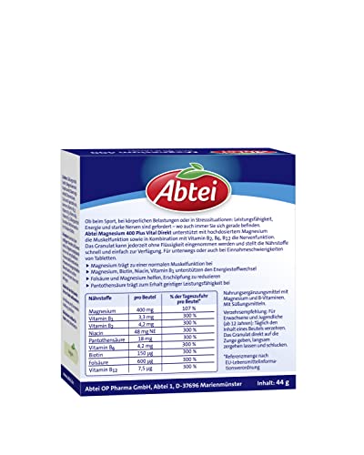 Abtei Magnesium 400 Plus Vital Direkt - für Muskeln, Nerven und Herz - mit allen B-Vitaminen - Hochdosiert - Vegan - Mit Grapefruit-Geschmack - 20 Sachets