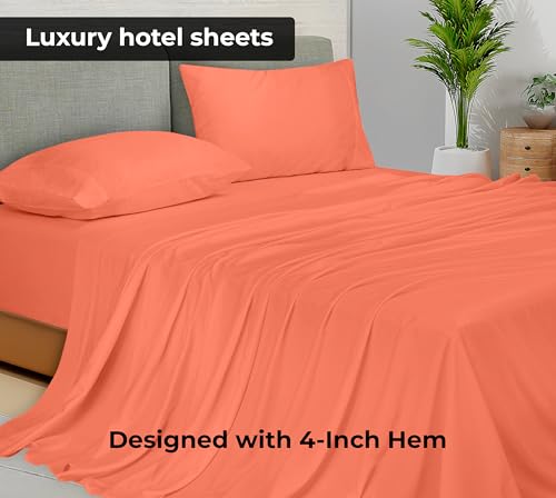 Image of Royale Linens Twin Flat Sheet - Ultra Soft Brushed 1800 Microfiber Flat Sheets Only - Wrinkle Free & Stain Resistant - Hotel Quality Top Sheet for Bed (Twin, Coral)