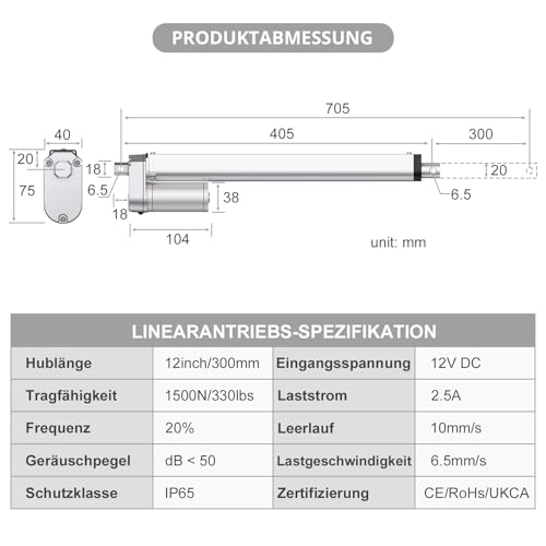 Justech Linear Actuator 300mm Linearantrieb 1500N/330 LBS IP65 10mm/s Motor Lineartechnik Aktuatoren Linearmotor Verstellantrieb dB≦50 Toröffner Hubzylinder 12V DC mit CE & RoHS