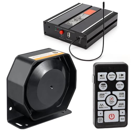 BooYu 200W 12V 20 Tones Police Emergency Siren PA System for Firefighter Ambulance Vehicles Truck Car SUV ATV UTV [Slim Speaker][Wireless Remote Handheld Microphone][2 x 10A Switches]