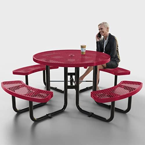 OUTTANS Round Outdoor Picnic Table 46-Inch - Picnic Tables for Outdoors with Umbrella Hole, Portable Picnic Table, Adjustable Seats, 2 Extra Legs, Red Metal Picnic Table