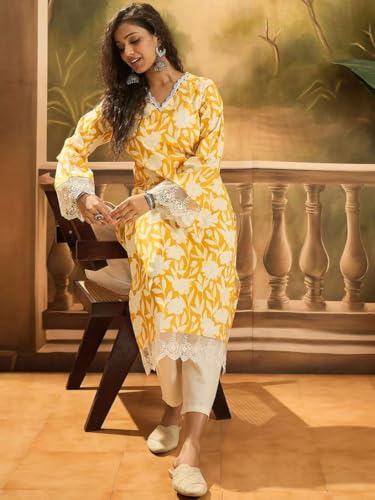 Image of Women's Floral Printed Cotton Afgani Kurta with Lace Detail Full Sleeves