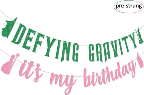 Image of Defying Gravity It's My Birthday Banner for Witch Birthday Party Pink and Green Party Decorations