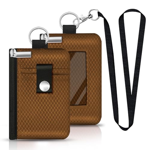 Image of Minimalist RFID Blocking Small Wallet with ID Window,WaterResistant Zip Id Case Wallet with Lanyard Keychain for Cards,Cash,Travel,Women,Men (Brown)