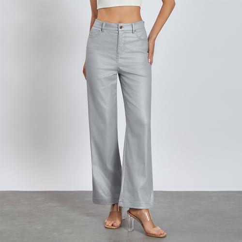 Awoscut Women's Metallic Shiny Trouser Pants Solid High Waist Disco Straight Leg Y2k Trousers for Party Dance Streetwear2