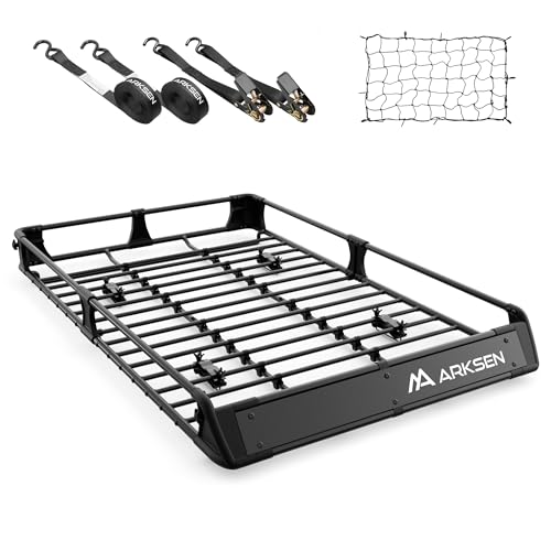 ARKSEN 64" x 39" x 6" Roof Rack Cargo Basket with Foldable Fairing, 250 lbs Heavy Duty Steel Rooftop Carrier with Cargo Net & 2 Ratchet Straps, Ideal