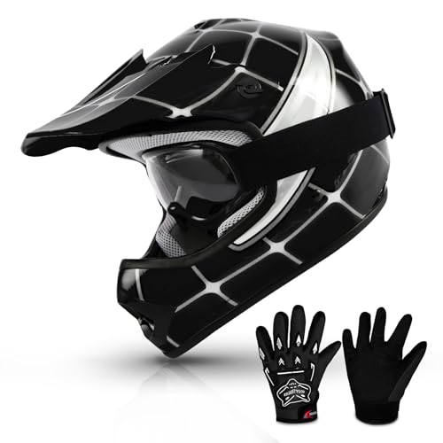 TCMT Black Kids Youth Motorcycle Motocross Offroad Helmet Dirtbike Street Bike Karting BMX MX ATV Full Face Helmet Gloves Goggles Dot Approved