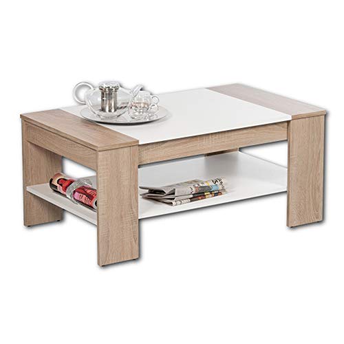 FINLEY Plus Couchtisch in Eiche Sonoma Optik, Weiß - geräumiger Sofatisch mit Schublade & Ablage für Ihren Wohnbereich - 100 x 44 x 58 cm (B/H/T)
