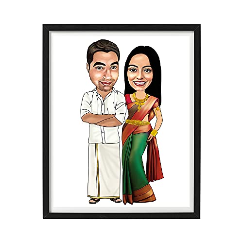 Image of DK Decors Personalized Caricature Photo Frame Custom Cartoon Portrait from Photo, Indian Traditional Wedding Gift for Couple, Husband & Wife (8x10 Inch)