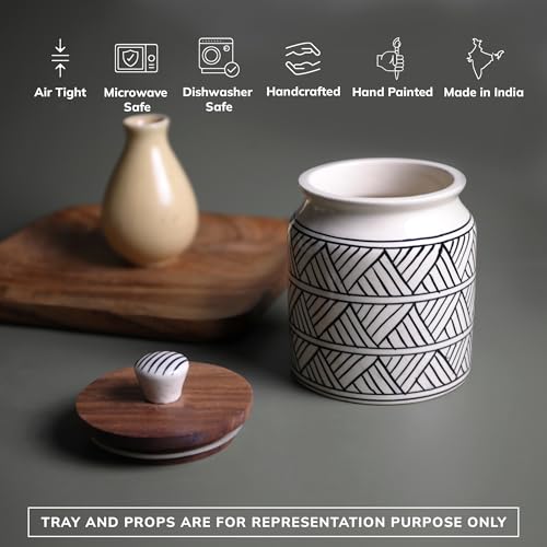 Image of Ceramic Jar & Container for Kitchen Storage Set | Multi Utility Air Tight Kitchen Organizer Items | Tea Coffee Sugar Container with Wooden Lid (Hand-Painted, 460 ML, Pack of 1)