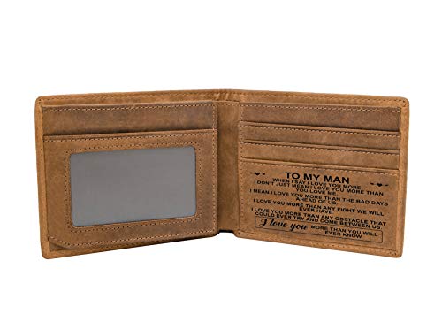 Kenon Personalized Leather Wallet To My Man, Engraved RFID Blocking Bifold Stylish Brown Wallet For Man Valentine's Day Birthday Christmas Gifts