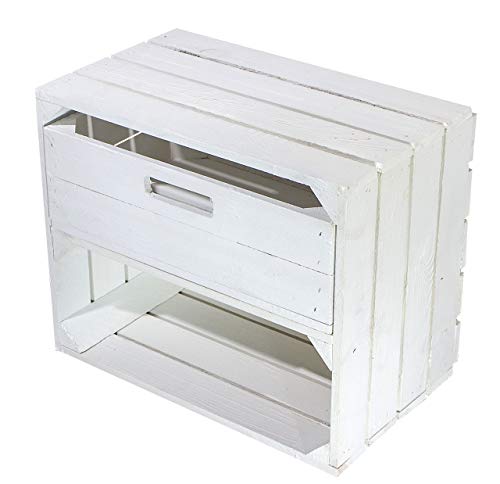 Truhenking Weiße Regalkiste mit Schublade 50cm x 40cm x 31cm Obstkisten Schrank Holzbox Shabby chic Weiss Nachttisch Nachtschrank DIY modern Möbel...