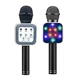 Micrófono Bluetooth Karaoke, micrófono inalámbrico portátil Karaoke con luces LED y altavoz para niños Sing Music Match, compatible con PC Android/iOS, AUX o teléfono inteligente (Black)