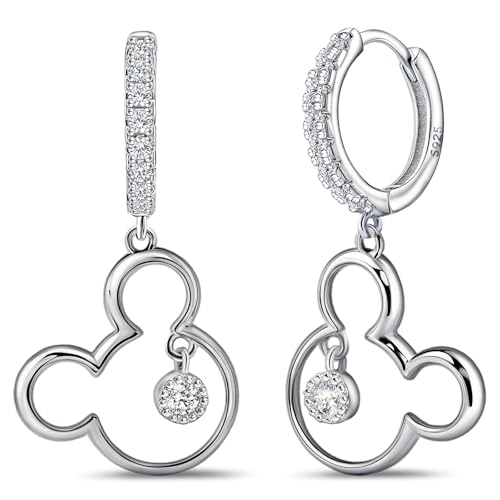 Mouse Earrings for Women Sterling Silver White Gold Mouse Dangle Hoop Earrings Sparkling CZ Lucky Cute Mini Earrings Animal Fashion Hypoallergenic Princess Jewelry Gifts for Daughter Birthday