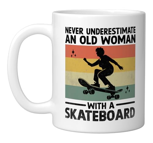Never Underestimate An Old Woman With A Skateboard Ceramic Mug, White