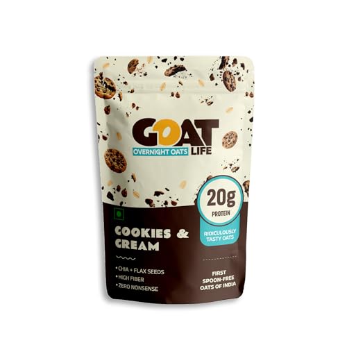 Image of GOAT Life Overnight Oats | 20g Protein | High Fibre | Nutrient-Rich | No Sugar | Gluten-Free & Vegan | Supports Weight Management & Muscle Recovery | Instant Breakfast (Cookies & Cream, Pack of 1)