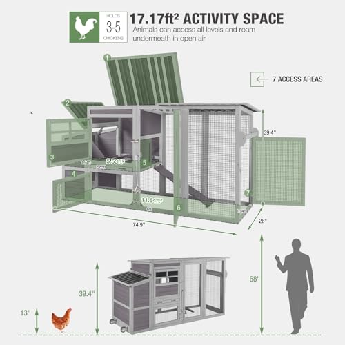 Image of Mobile Chicken Coop with Run, Large Wooden Hen House Poultry Cage with Wheels, Weatherproof Roof, Sectionable Nesting Box, Pull-Out Tray for 3-5 Chickens, 74.9 inch L x 26 inch W x 39.4 inch H (Grey)