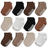 JAKIDAR 12 Pair Baby Toddler Socks Non-Slip Grip Cotton Ankle Socks for Boys Girls Non Skid Soles for Infants Kids, Brown, 12-24 Months