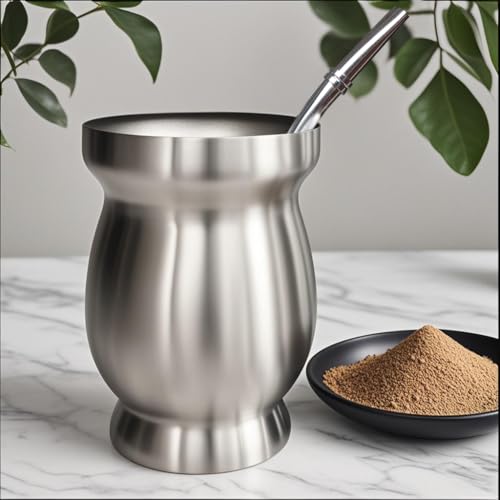 Image of Beruth 8oz Yerba Mate Cup, Double Wall 304 Stainless Steel Mate Gourd, Heat Insulated Mug & Anti-Scalding Design, Includes 2 Straws & Cleaning Brush (Silver)