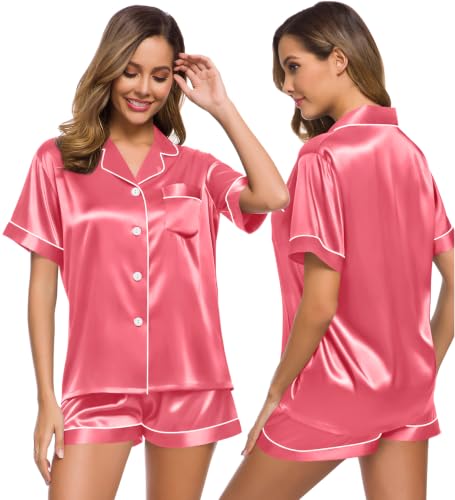 Image of SWOMOG Womens Silk Satin Pajamas Set Short Sleeve Sleepwear Button Down Top and Shorts Loungewear 2 Piece Pjs Set XS-3XL
