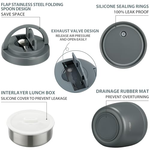 Image of wiwens Thermo Food Jar for Hot Food Adults 32OZ Soup Thermo Lunch Containers Wide Mouth Vacuum Insulated Stainless Steel Leakproof Bento Box with Spoon (Grey)