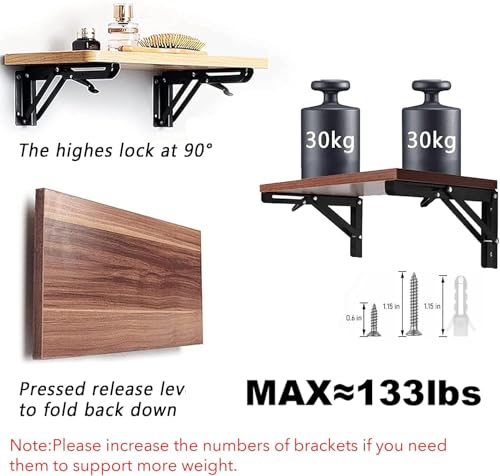 Image of Folding Shelf Bracket 20cm Heavy Duty Metal Wall-Mounted Collapsible Shelf Bracket Space-Saving - Black (20cm)