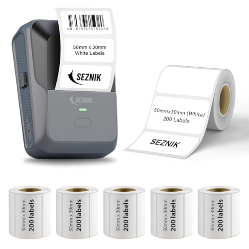 Image of SEZNIK Josh Bluetooth Thermal Label Printer Bundle with 50 x 30 mm Self-Adhesive Thermal Labels (1000 Labels) | Inkless Portable Printer | Android & iOS Bluetooth Compatible