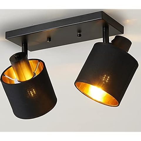 Lightess Deckenlampe Vintage Stoff Deckenleuchte Schwarz Gold E27 Retro Lampe Stoffdeckenleuchte Verstellbaren Strahlern LED Deckenstrahler Wohnzimmer Schlafzimmer Spotleuchte Ohne Lichtquelle Cover