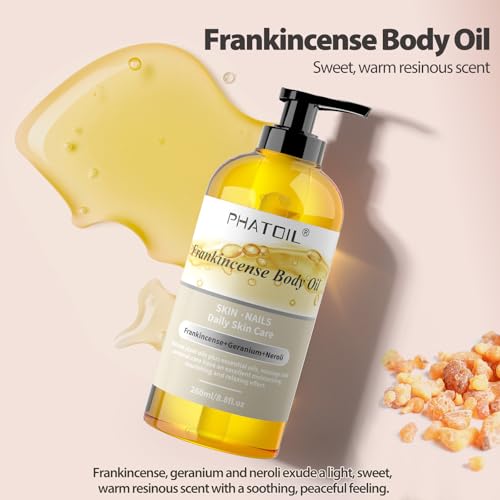 Image of PHATOIL Frankincense Body Oil 8.8 FL.OZ, 260 ml Moisturizing Massage Oil Skin Oil with Pump, Body Oils for Men and Women Skincare, Blends of Natural Plant Oils and Essential Oils, Frankincense Oil