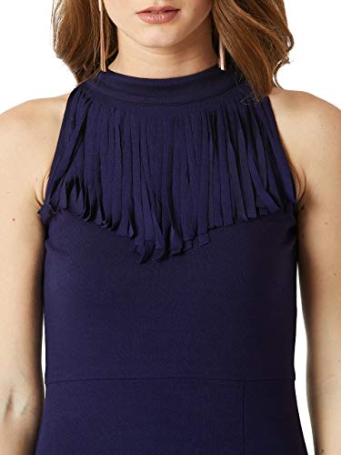 Image of Miss Chase Women's Designer Wine Red Fringed Halter Neck Sleeveless Solid Maxi Front Slit Dress