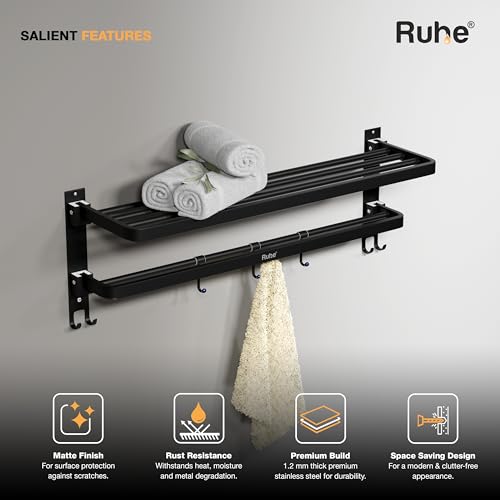 Image of Ruhe Dual Folding Towel Rack, Black | Premium Grade Stainless Steel Dual Folding Towel Rack /Towel Holder /Towel Stand /Accessories for Bathroom and Kitchen | (24 Inches)